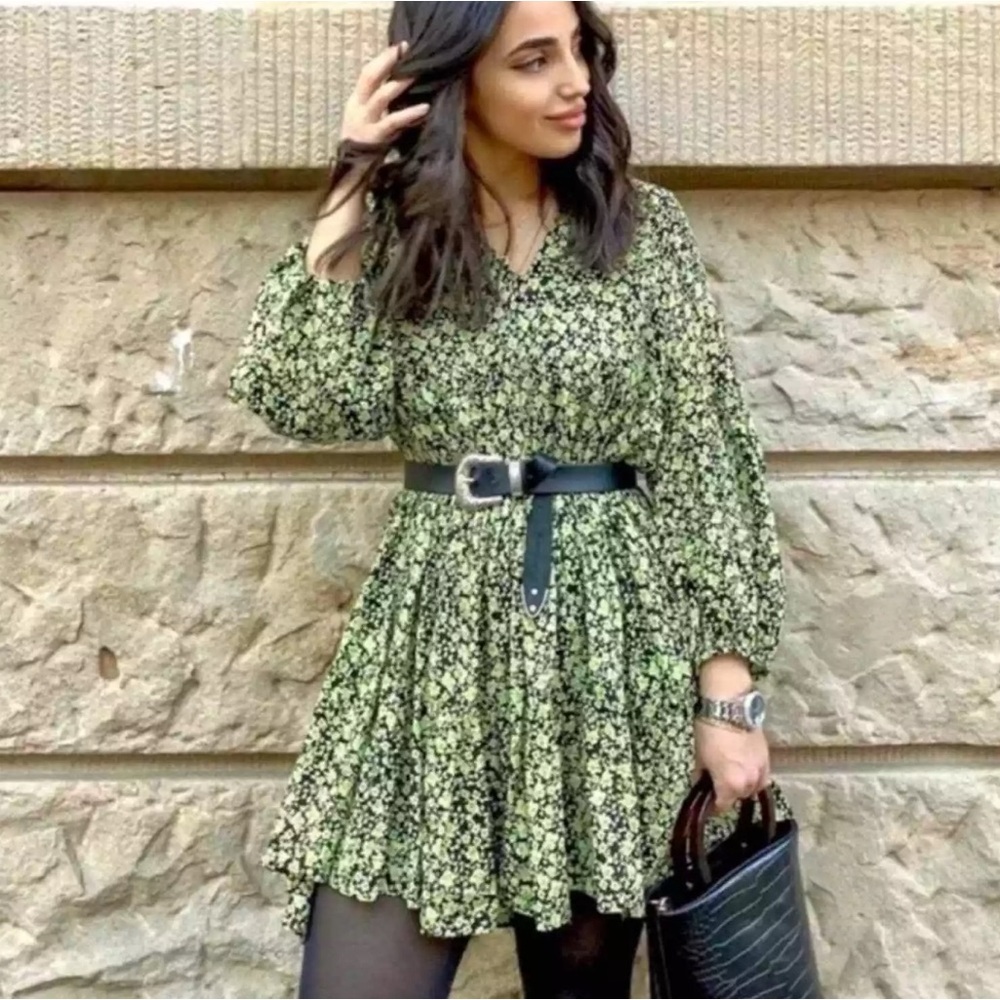 Zara Floral Print Flowing Tiered V Neck Mini Dress XS